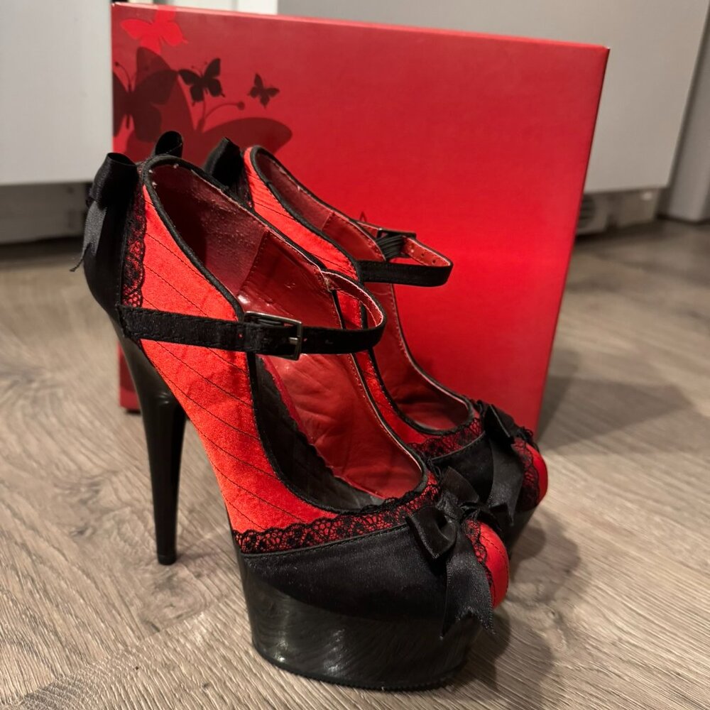 Pleasers - Red and Black Lace Platform Dance Shoes